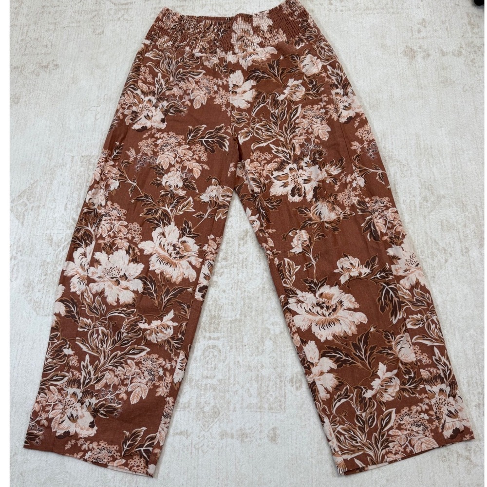 Pilcro Anthropologie Floral Smocked Waist Linen Blend Wide Leg Pants Brown XS